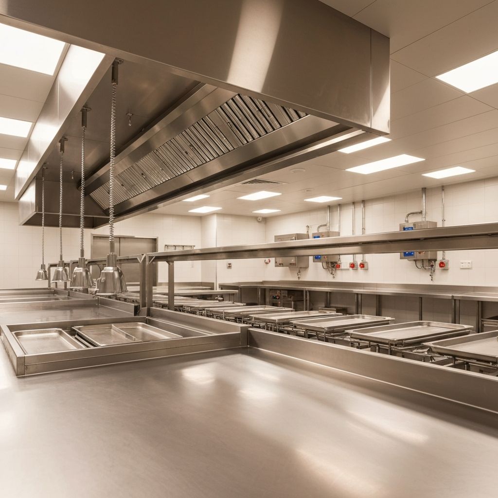 Commercial kitchen with stainless steel equipment