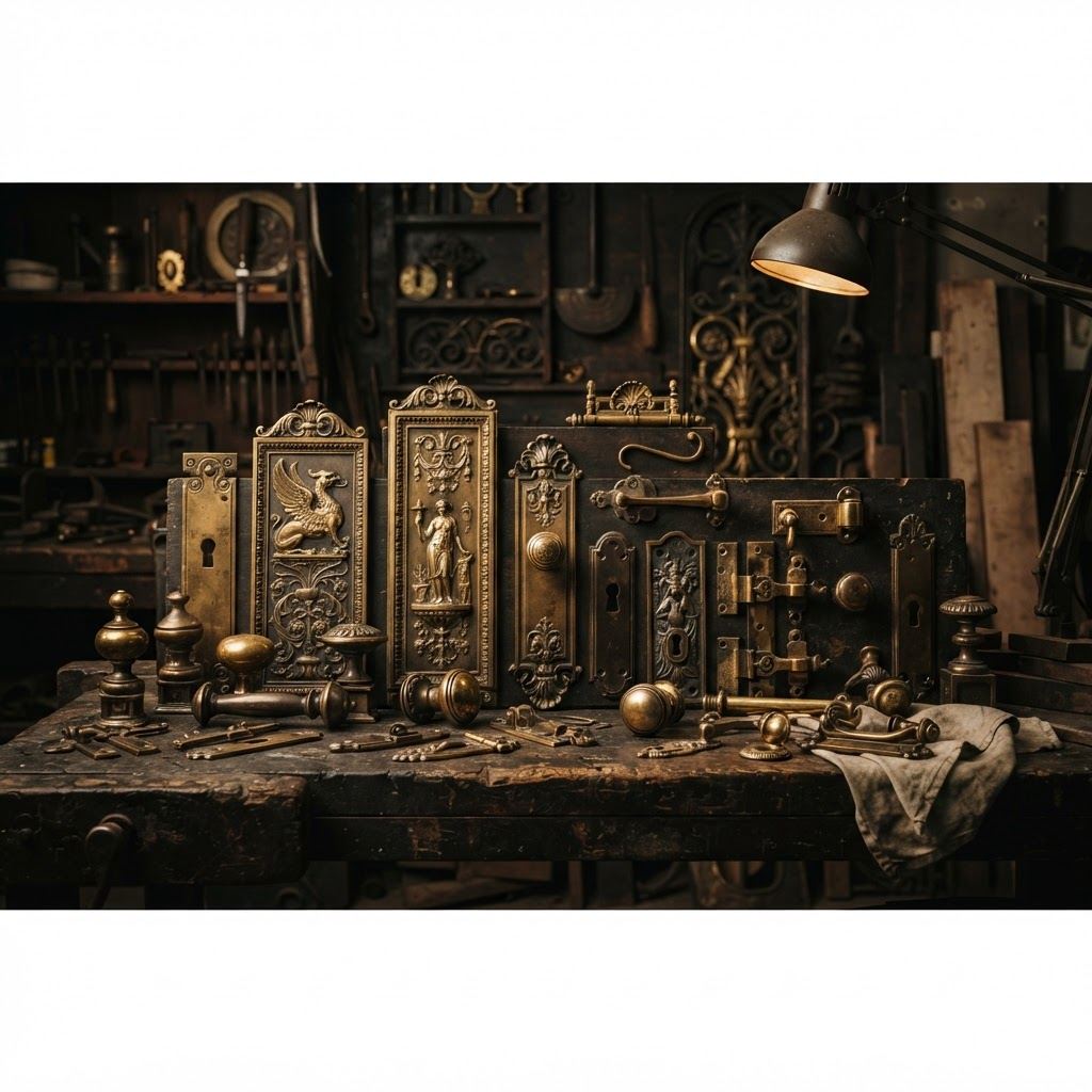Ornamental cast brass architectural hardware and plaques