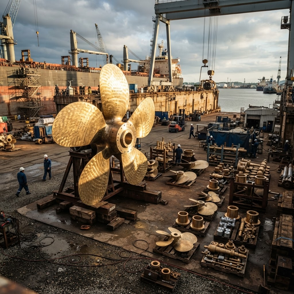 Cast bronze ship propeller and marine hardware