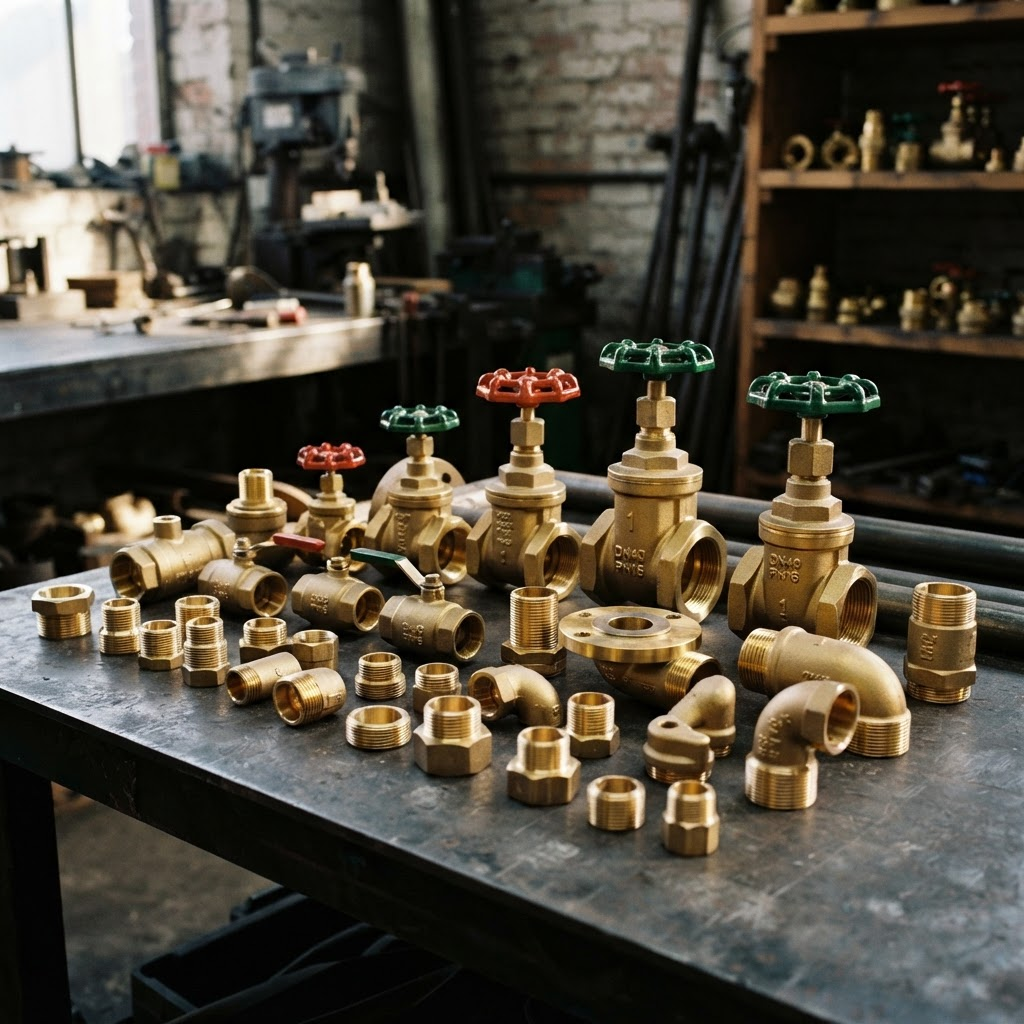 Polished brass water valves and threaded plumbing fittings