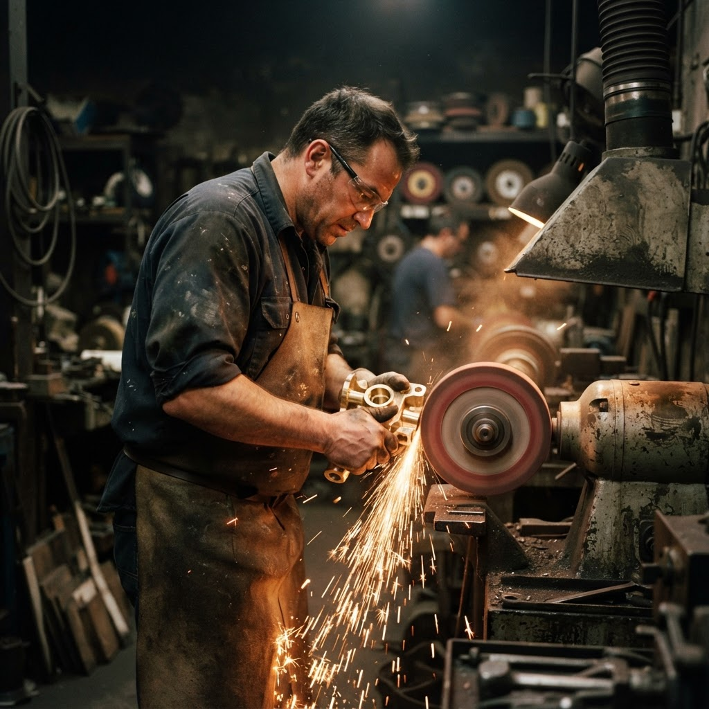 Worker hand-polishing a finished brass casting