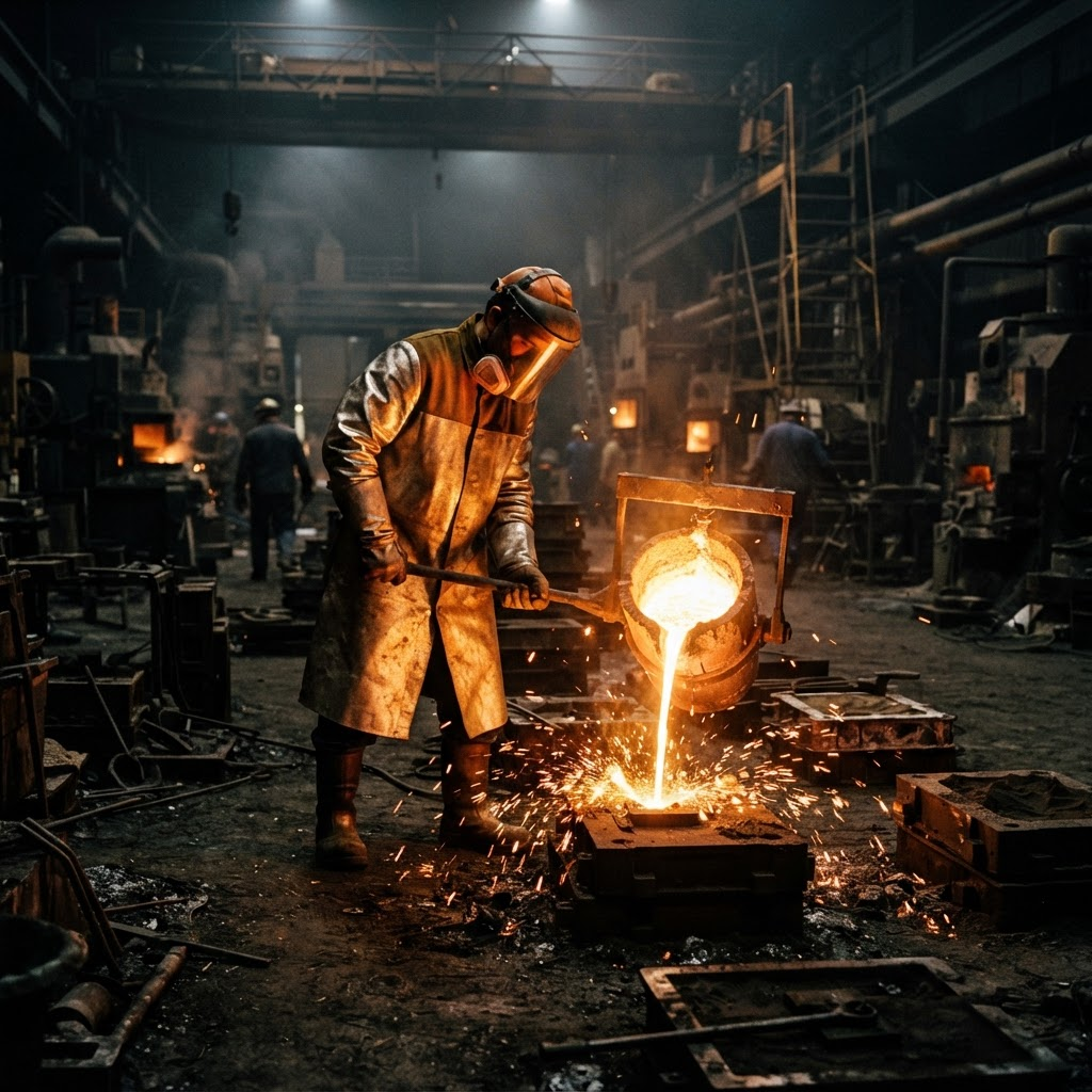 Molten brass being poured into a sand mold at the State Brass foundry