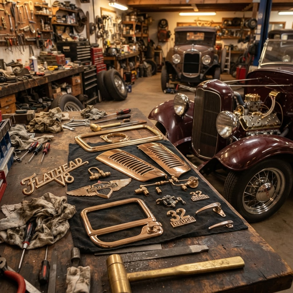 Custom polished brass and bronze parts for a hot rod restoration