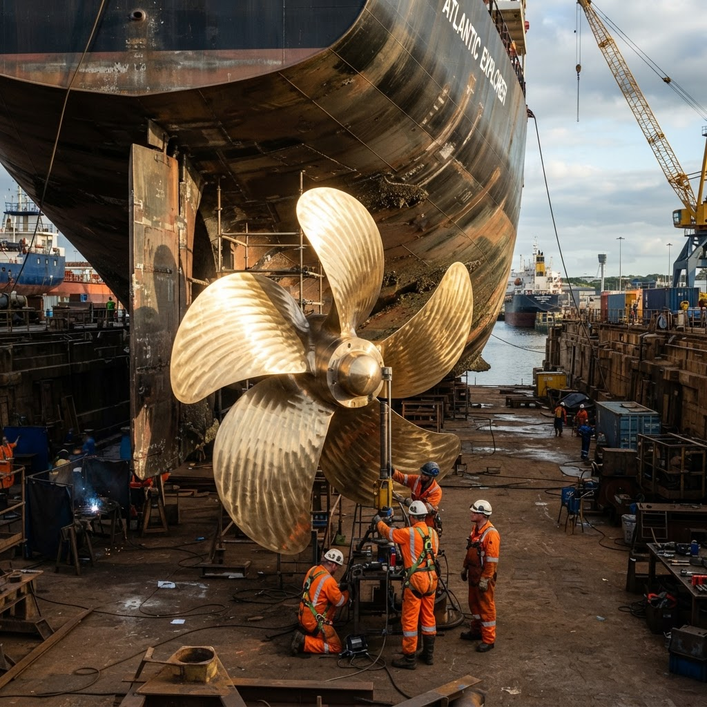 Large cast bronze ship propeller in a shipyard