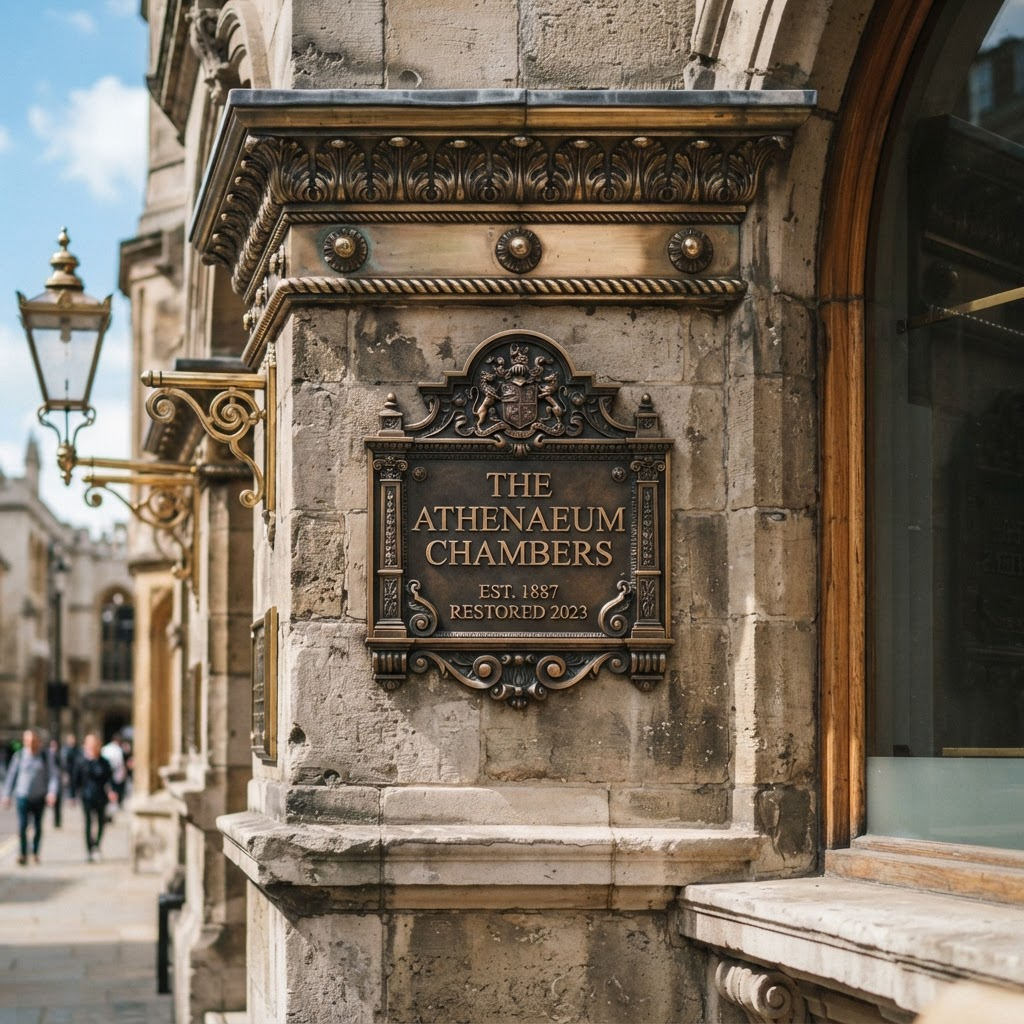 Restored cast bronze plaque on a historic stone building